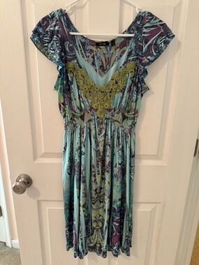 Apt. 9 Aqua Floral Midi Dress with Gold Lace Detail